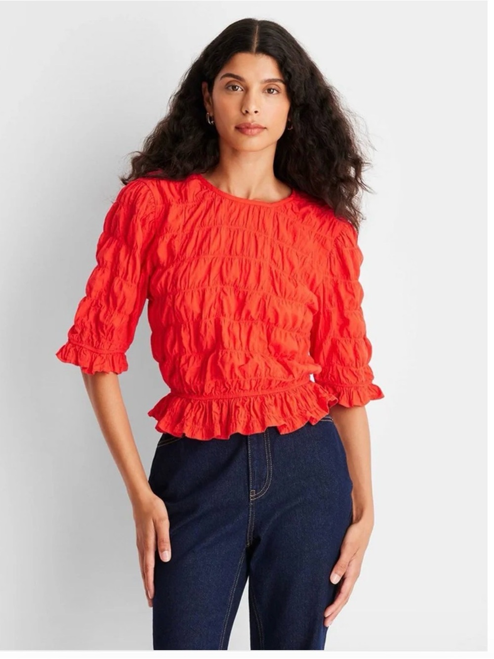 Future Collective Smocked Ruffle Peplum Top - Orangy Red